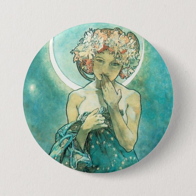 Alphonse Mucha Moonlight Clair De Lune Art Nouveau Pinback Button (Front)
