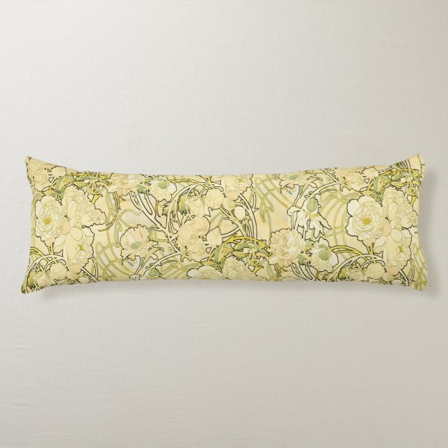 Alphonse Mucha Peonies Art Nouveau Floral Pattern Body Pillow (Front)