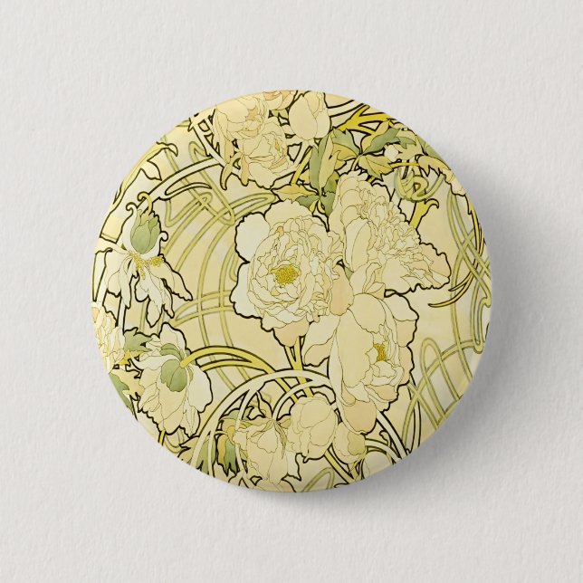 Alphonse Mucha Peonies Art Nouveau Floral Pattern Button (Front)