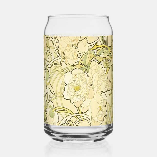 Alphonse Mucha Peonies Art Nouveau Floral Pattern Can Glass (Front)