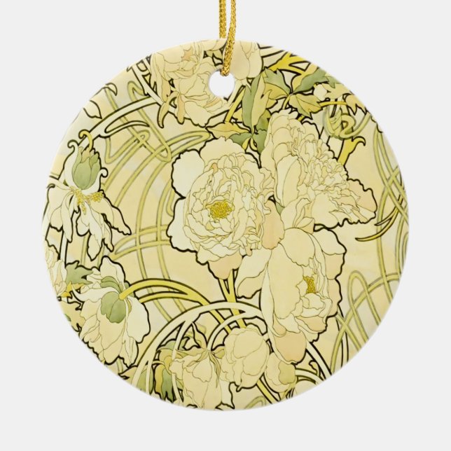 Alphonse Mucha Peonies Art Nouveau Floral Pattern Ceramic Ornament (Front)