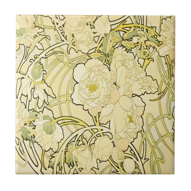 Alphonse Mucha Peonies Art Nouveau Floral Pattern Ceramic Tile (Front)