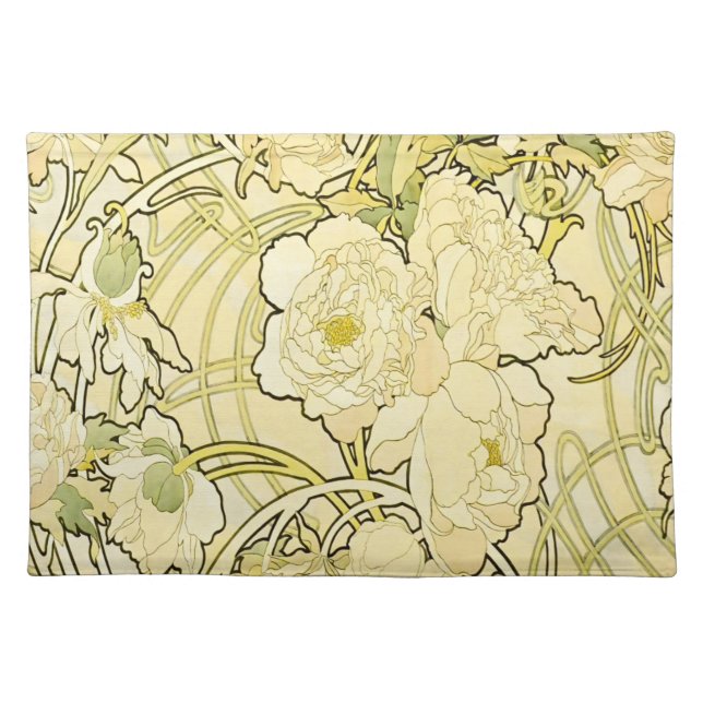 Alphonse Mucha Peonies Art Nouveau Floral Pattern Cloth Placemat (Front)