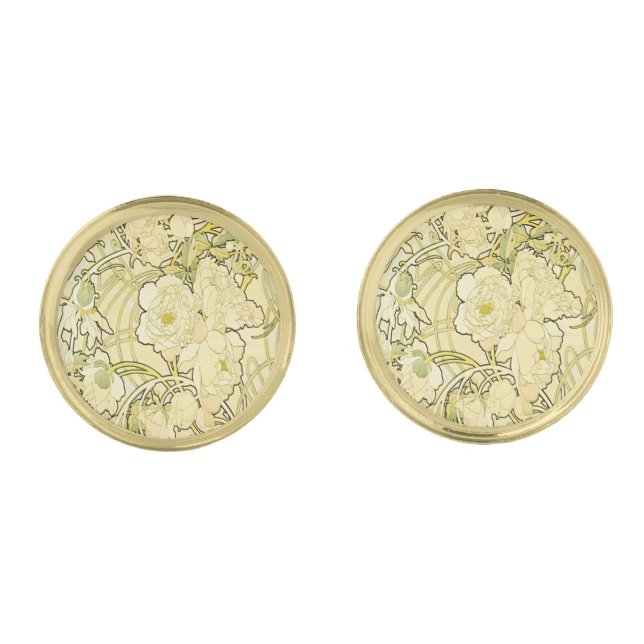 Alphonse Mucha Peonies Art Nouveau Floral Pattern Cufflinks (Front)