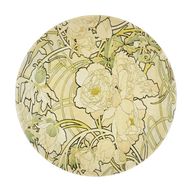 Alphonse Mucha Peonies Art Nouveau Floral Pattern Cutting Board (Front)