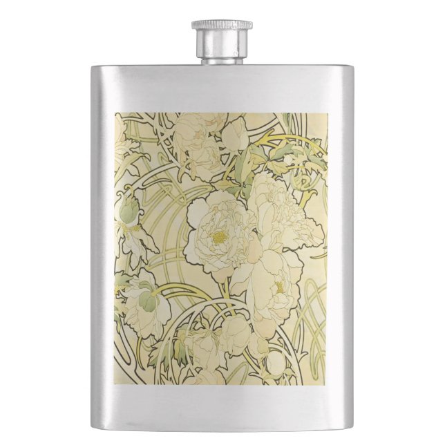 Alphonse Mucha Peonies Art Nouveau Floral Pattern Flask (Front)