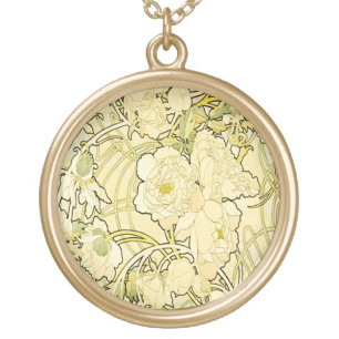 Alphonse Mucha Peonies Art Nouveau Floral Pattern Gold Plated Necklace