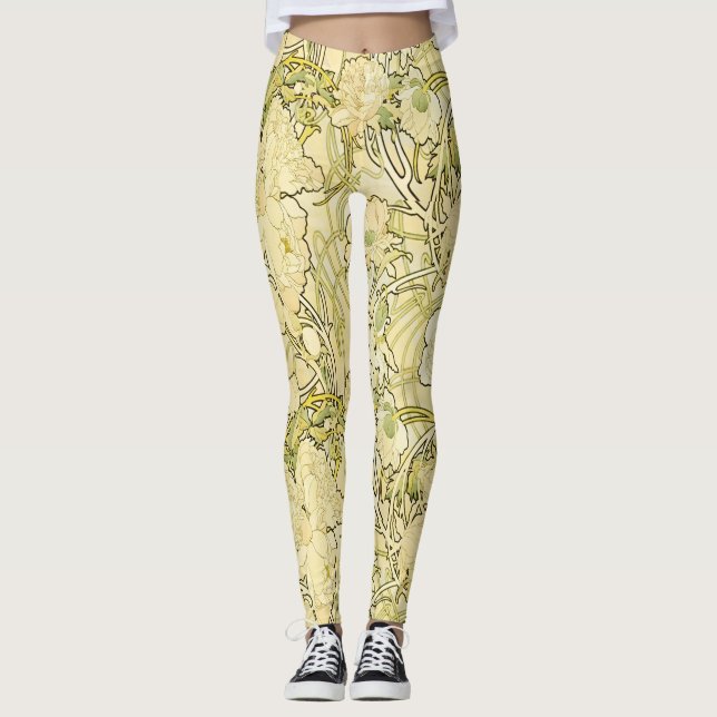 Alphonse Mucha Peonies Art Nouveau Floral Pattern Leggings (Front)