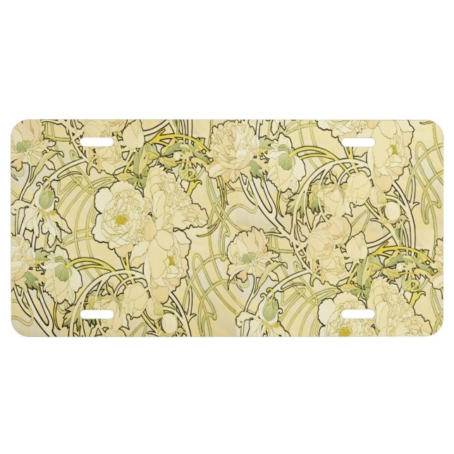 Alphonse Mucha Peonies Art Nouveau Floral Pattern License Plate (Front)