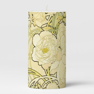 Alphonse Mucha Peonies Art Nouveau Floral Pattern Pillar Candle