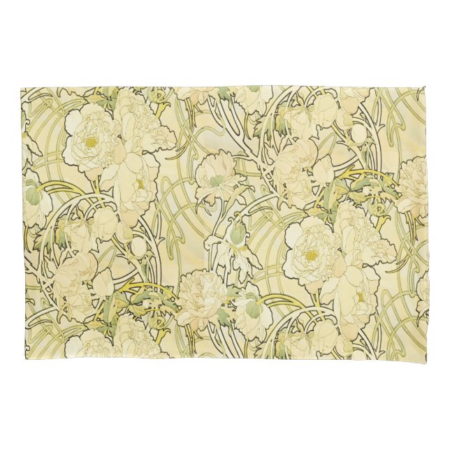 Alphonse Mucha Peonies Art Nouveau Floral Pattern Pillow Case (Front)