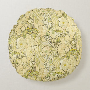 Alphonse Mucha Peonies Art Nouveau Floral Pattern Round Pillow