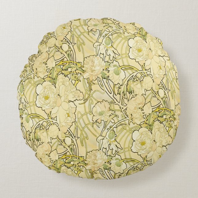 Alphonse Mucha Peonies Art Nouveau Floral Pattern Round Pillow (Front)