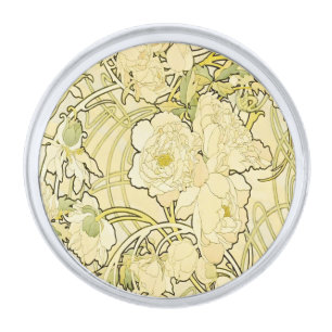 Alphonse Mucha Peonies Art Nouveau Floral Pattern Silver Finish Lapel Pin