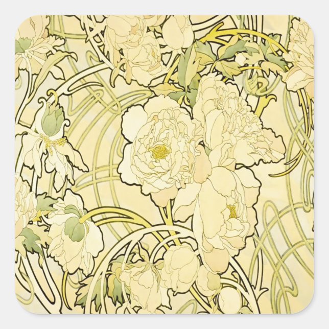 Alphonse Mucha Peonies Art Nouveau Floral Pattern Square Sticker (Front)