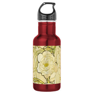 Alphonse Mucha Peonies Art Nouveau Floral Pattern Stainless Steel Water Bottle