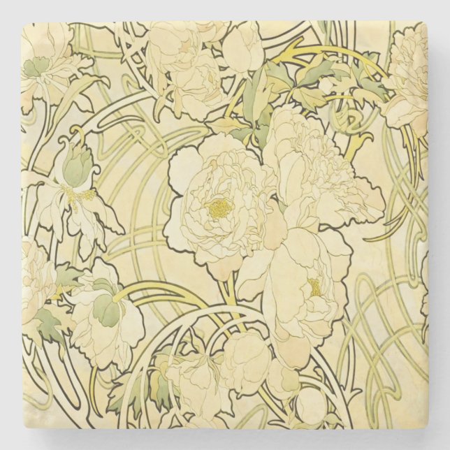 Alphonse Mucha Peonies Art Nouveau Floral Pattern Stone Coaster (Front)