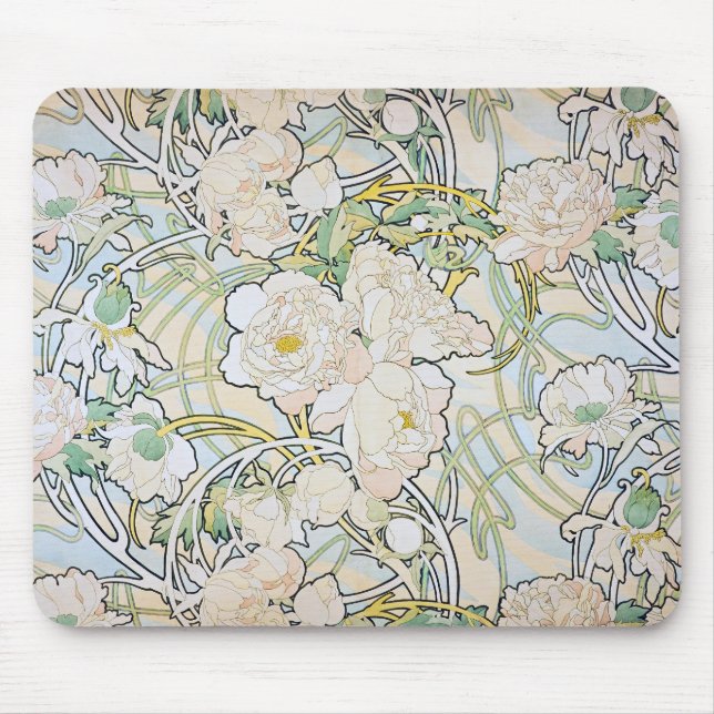 Alphonse Mucha Peonies Mouse Pad (Front)