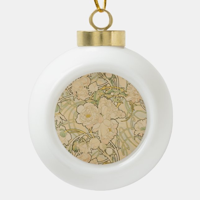 Alphonse Mucha Peonies Peony Roses Fawn 1897 Ceramic Ball Christmas Ornament (Front)