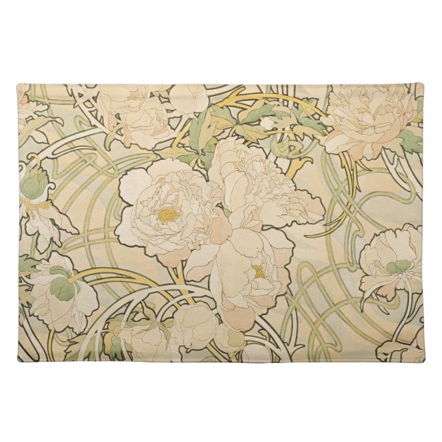 Alphonse Mucha Peonies Peony Roses Fawn 1897 Cloth Placemat (Front)