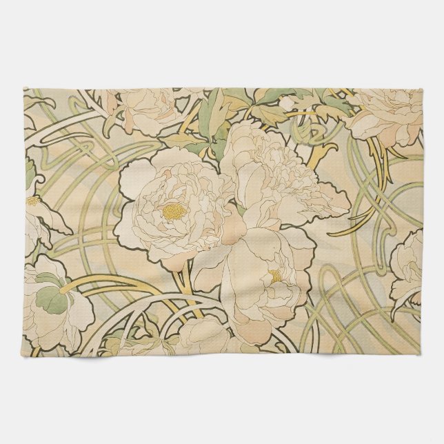 Alphonse Mucha Peonies Peony Roses Fawn 1897 Kitchen Towel (Horizontal)