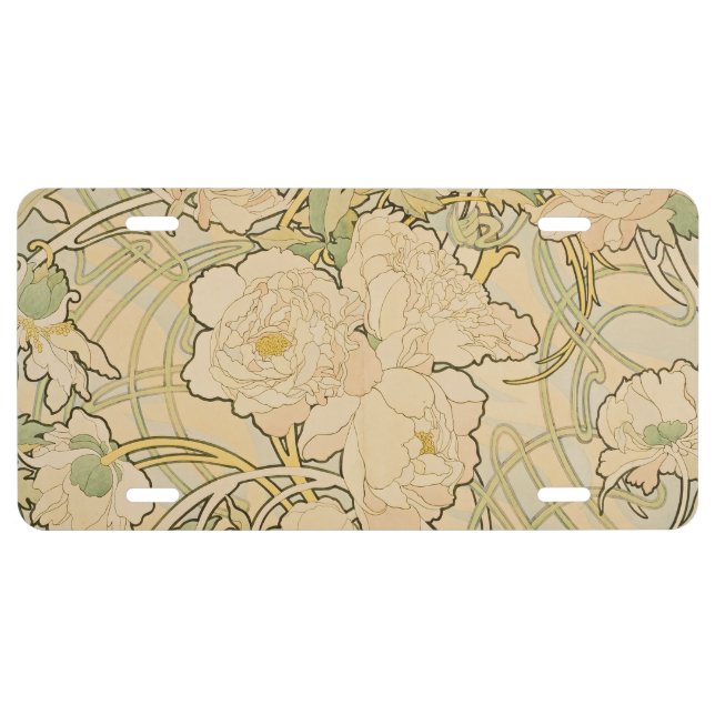 Alphonse Mucha Peonies Peony Roses Fawn 1897 License Plate (Front)
