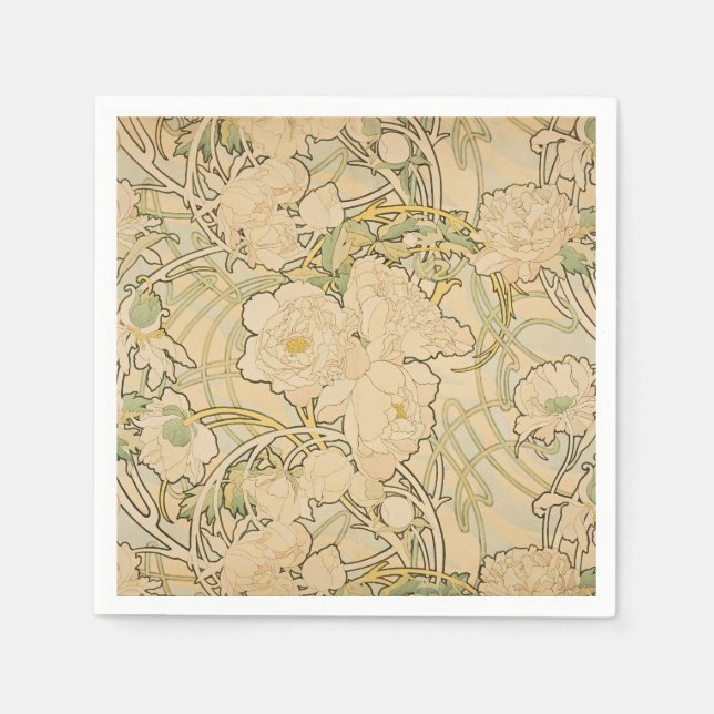 Alphonse Mucha Peonies Peony Roses Fawn 1897 Paper Napkins (Front)