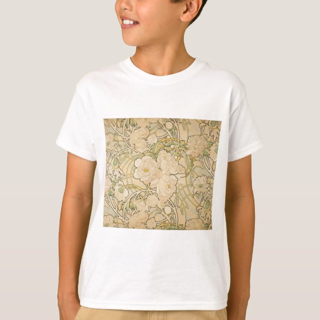 Alphonse Mucha Peonies Peony Roses Fawn 1897 T-Shirt (Front)