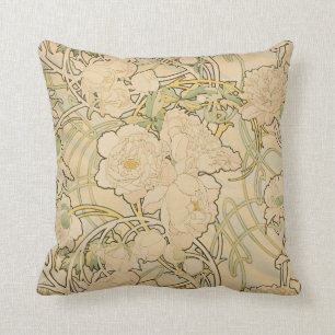 Alphonse Mucha Peonies Peony Roses Fawn 1897 Throw Pillow