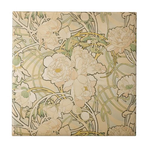 Alphonse Mucha Peonies Peony Roses Fawn 1897 Tile