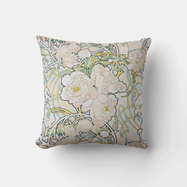 Alphonse Mucha Peonies Throw Pillow (Front)