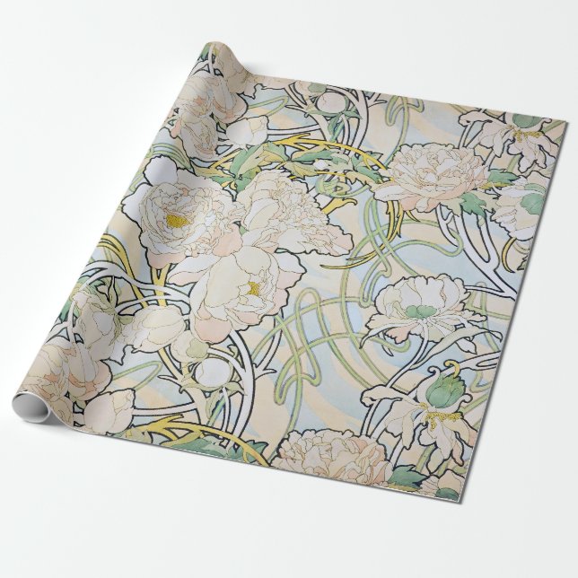Alphonse Mucha Peonies Wrapping Paper (Unrolled)