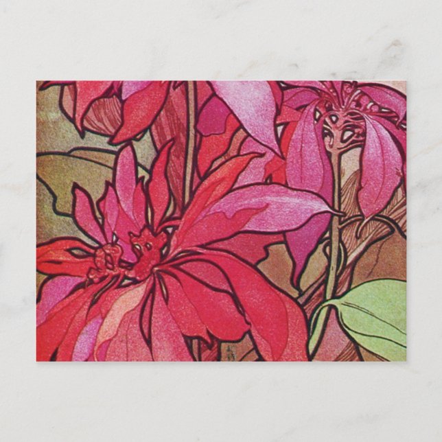 Alphonse Mucha Poinsettias Christmas Postcards (Front)
