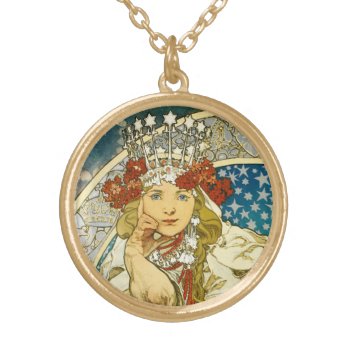 Alphonse Mucha Princess Hyacinth Art Nouveau Gold Plated Necklace by artfoxx at Zazzle