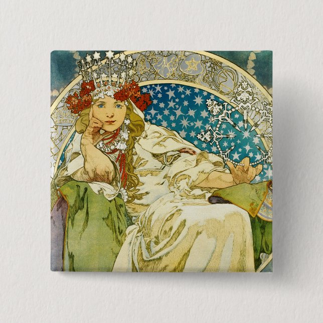 Alphonse Mucha Princess Hyacinth Art Nouveau Pinback Button (Front)