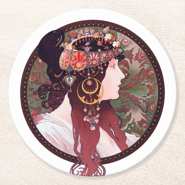 Alphonse Mucha Round Paper Coaster (Front)