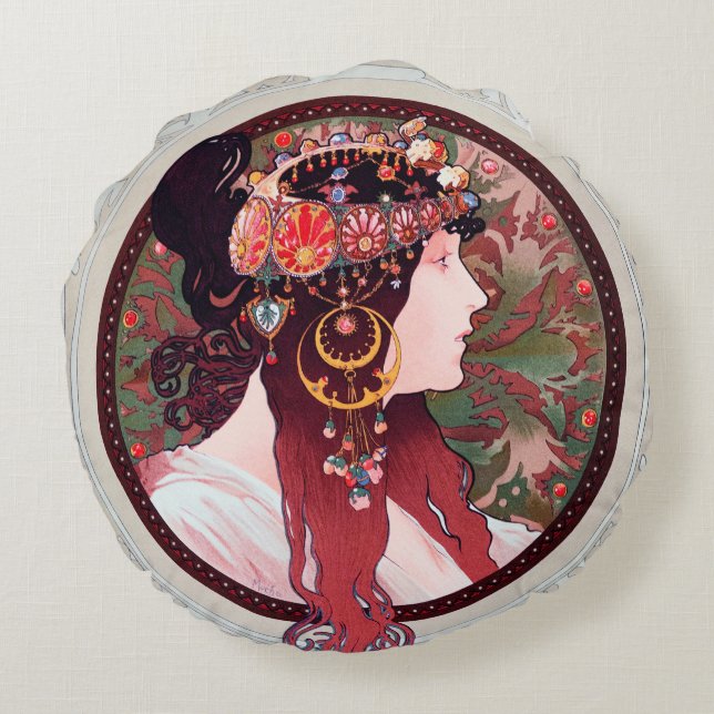 Alphonse Mucha Round Pillow (Back)