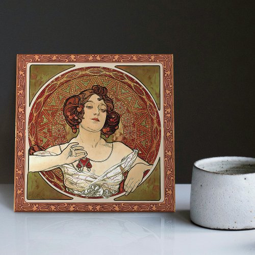 Alphonse Mucha Ruby Red Art Nouveau Vintage Ceramic Tile