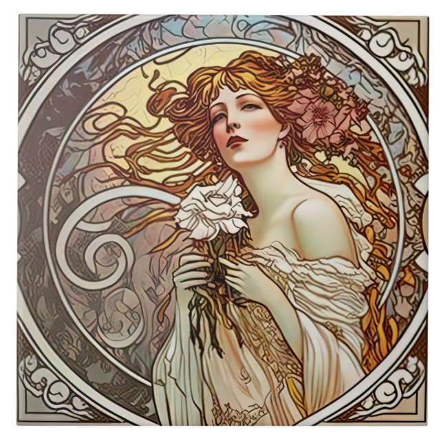 Alphonse Mucha Sarah Bernhardt Art Nouveau Ceramic Tile (Front)