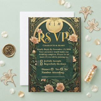 Alphonse Mucha Soft Gold Arch Vine Vintage Wedding RSVP Card