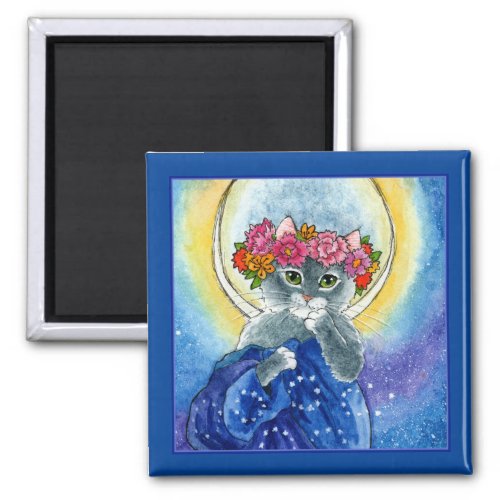 Alphonse Mucha spoof Cat flowers moon magnet