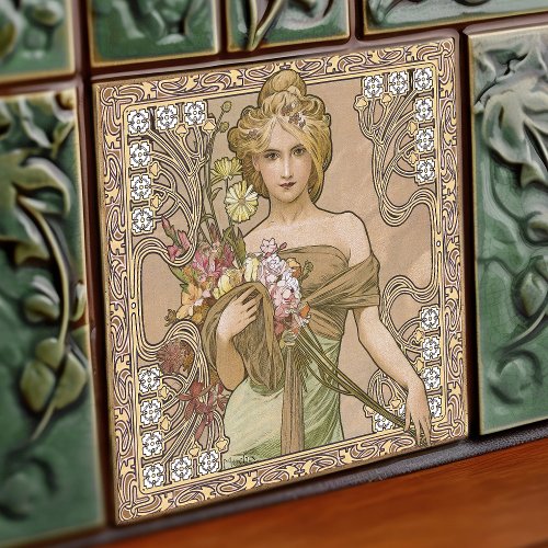 Alphonse Mucha Spring 4Seasons Art Nouveau Vintage Ceramic Tile