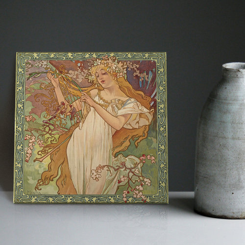 Alphonse Mucha Spring Season Art Nouveau Vintage Ceramic Tile