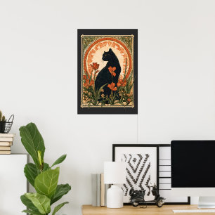 Alphonse Mucha Style Black Cat Art Nouveau Poster