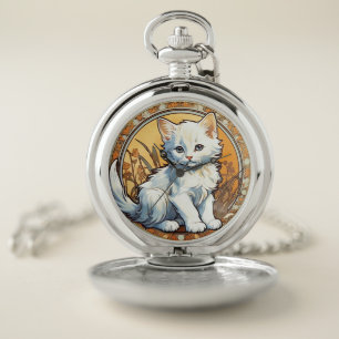 Alphonse Mucha Style Cat Pocket Watch