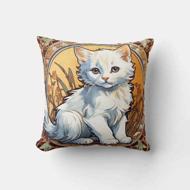 Alphonse Mucha Style Cat Throw Pillow (Front)