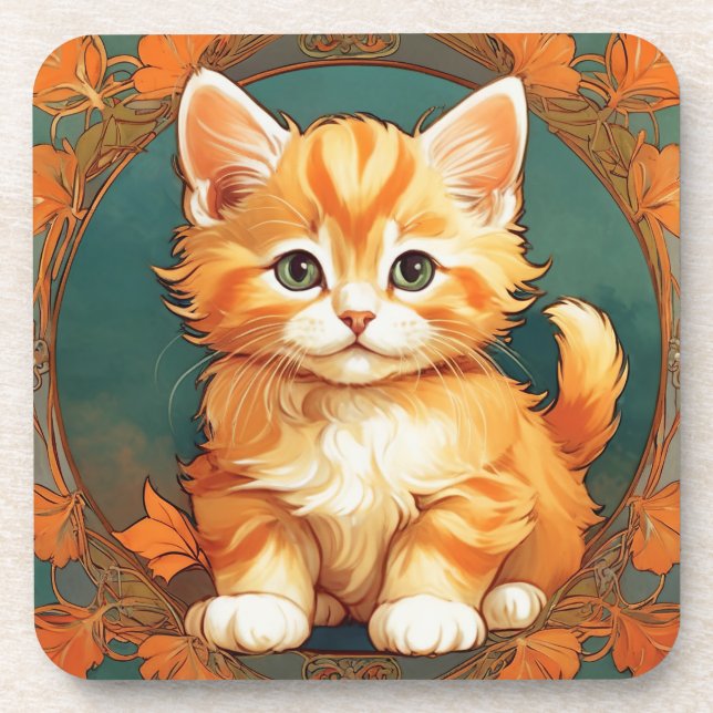 Alphonse Mucha Style Orange Cat Beverage Coaster (Front)