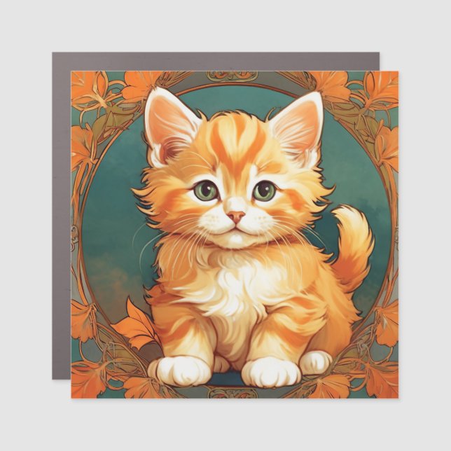Alphonse Mucha Style Orange Cat Car Magnet (Front)