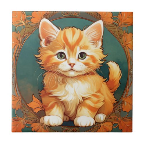 Alphonse Mucha Style Orange Cat Ceramic Tile