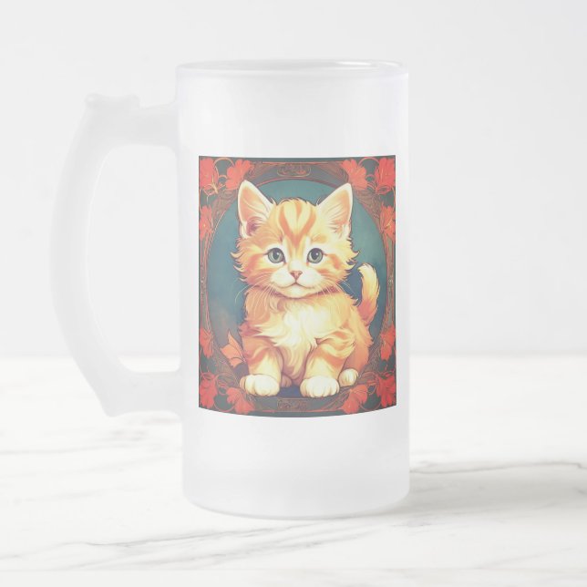 Alphonse Mucha Style Orange Cat Frosted Glass Beer Mug (Left)